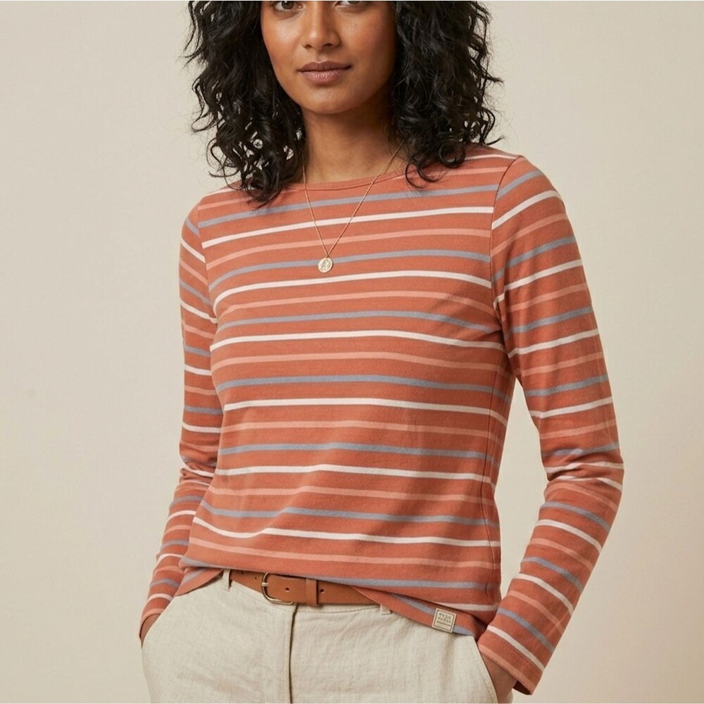 Fat Face Women's Long Sleeve Organic Cotton Crewneck Shirt Size 4 Striped Pink